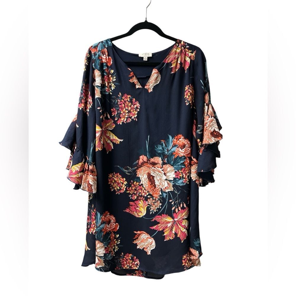 Umgee USA‎ Navy Floral Flutter‑Sleeve Tunic Dress – Size S (Roomy Fit)